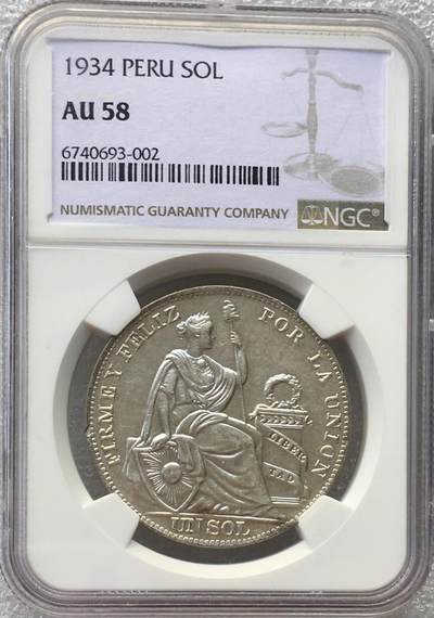 世界钱币专场拍卖 每周二开拍 - NGC AU58分1934年秘鲁坐洋女神一索尔银币