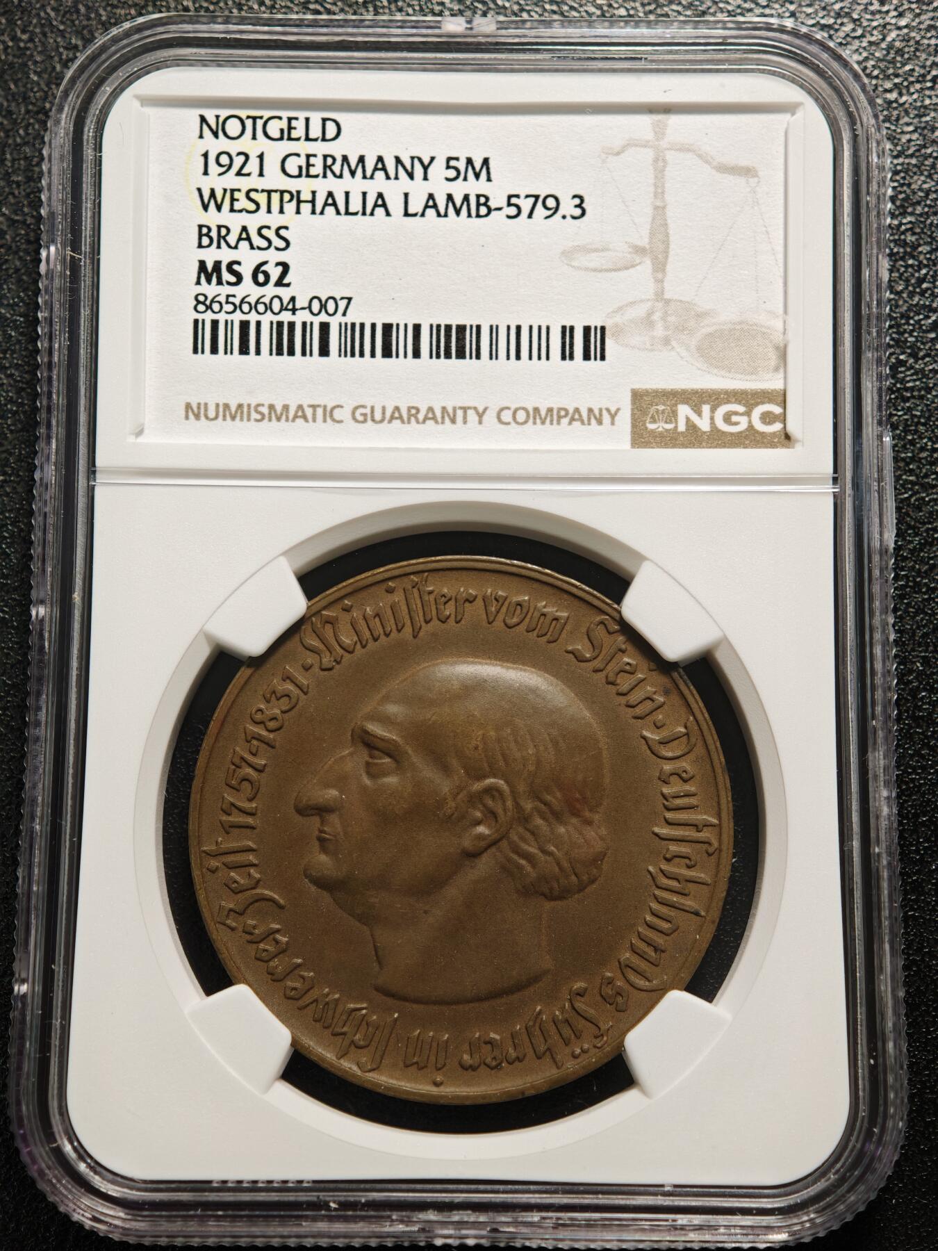 【德藏】世界币章拍卖第167期（拍品征集中~欢迎藏友联系） 稀少！马币总筋！ 1921年 德国德紧威斯特法伦5马克马币铜币 发行量仅4000多枚 NGC MS62 状态极佳