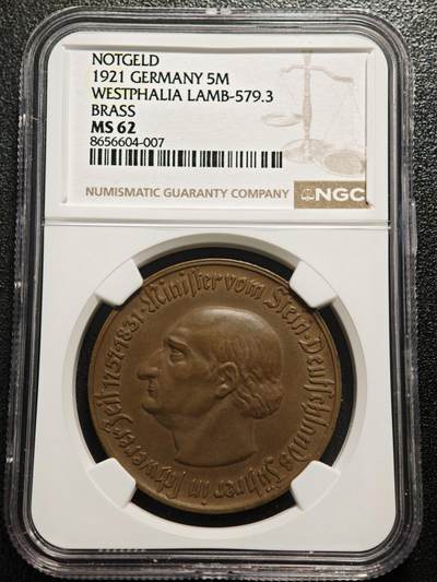 【德藏】世界币章拍卖第167期（拍品征集中~欢迎藏友联系） - 稀少！马币总筋！ 1921年 德国德紧威斯特法伦5马克马币铜币 发行量仅4000多枚 NGC MS62 状态极佳