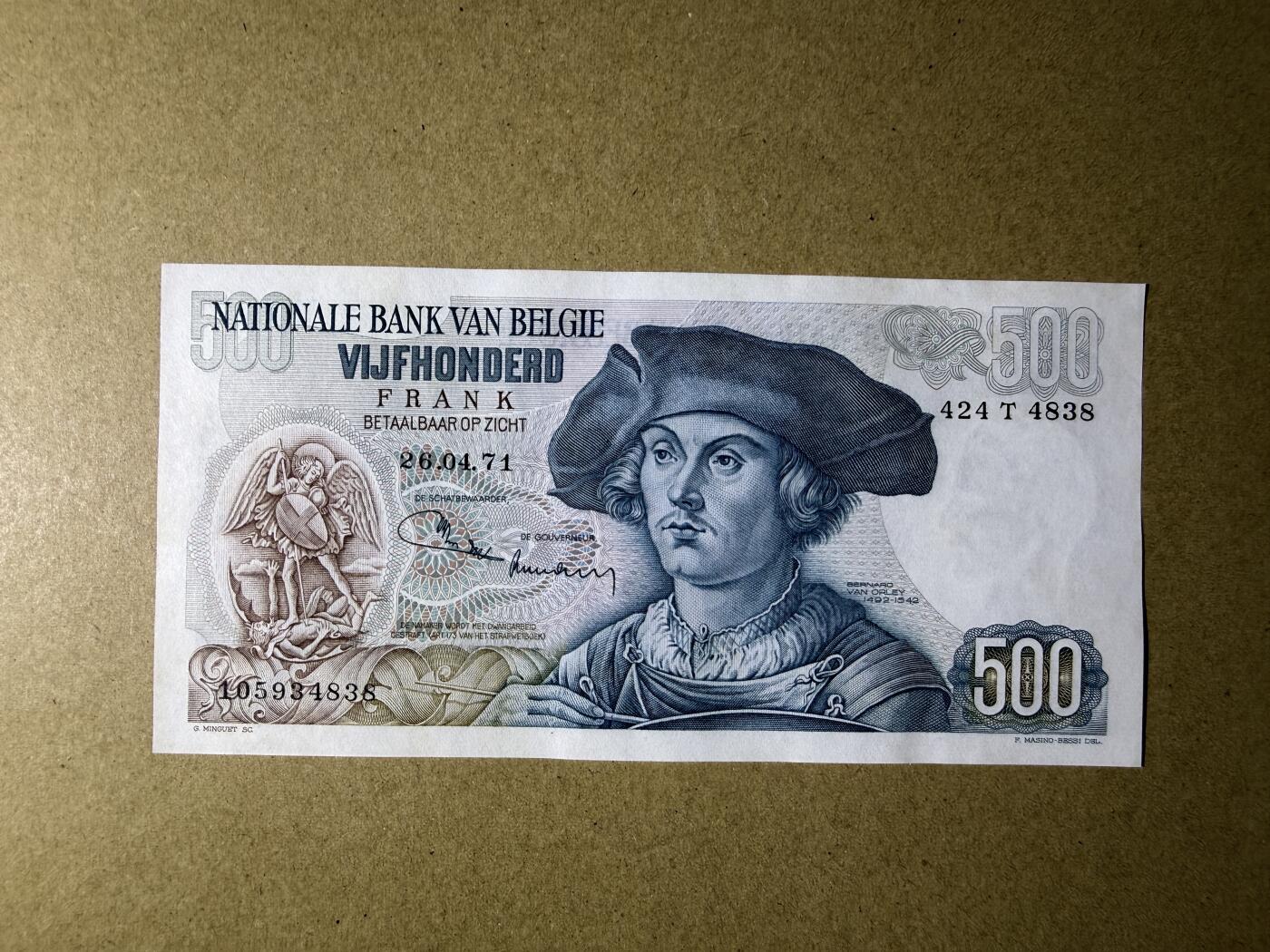 《艾美收藏》第236期-3.15周日外币畅拍 比利时500法郎 AU-UNC 1971年 局部荧光