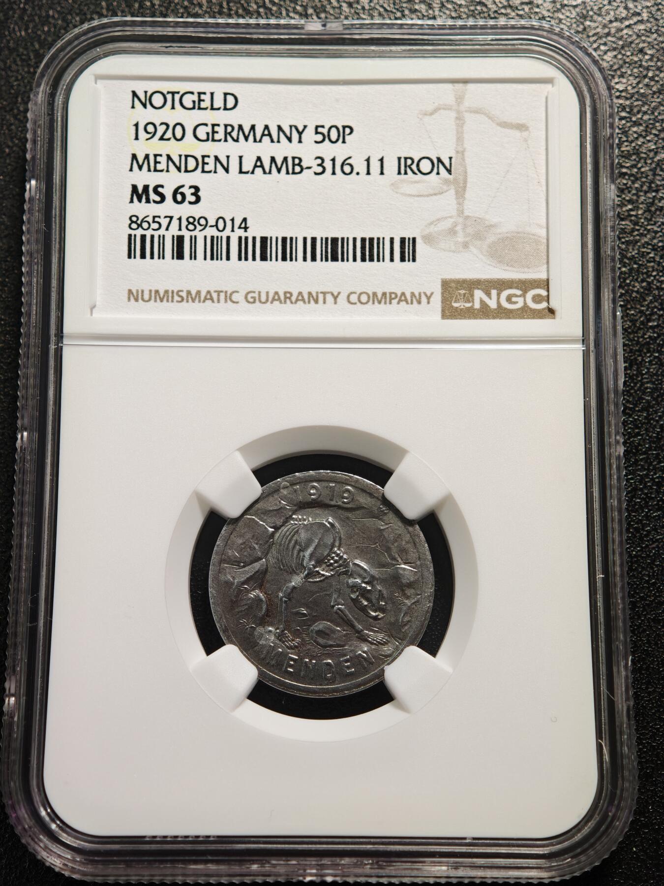 【德藏】世界币章拍卖第167期（拍品征集中~欢迎藏友联系） 1920年 德国德紧时期门登洞熊50芬尼铁币 NGC MS63 稀少品种 保存不易 状态极佳