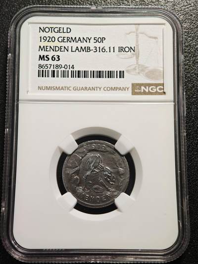 【德藏】世界币章拍卖第167期（拍品征集中~欢迎藏友联系） - 1920年 德国德紧时期门登洞熊50芬尼铁币 NGC MS63 稀少品种 保存不易 状态极佳