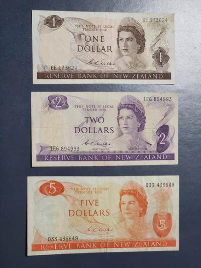 3月13号晚上8点 外国纸币自动截拍第37场 - 新西兰1968-1975年1-2-5元D.L.Wilks签名 二签 高冠女王 美品一套