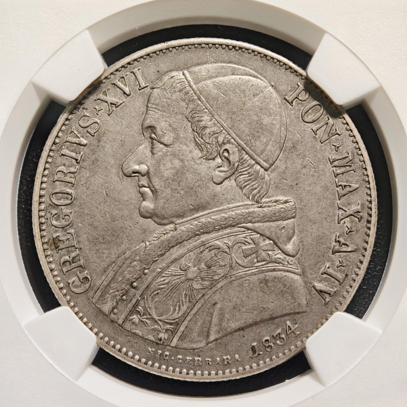【德藏】世界币章拍卖第167期（拍品征集中~欢迎藏友联系） 1834年 梵蒂冈格里高利十六世1斯库多银币 NGC XF45 原味包浆