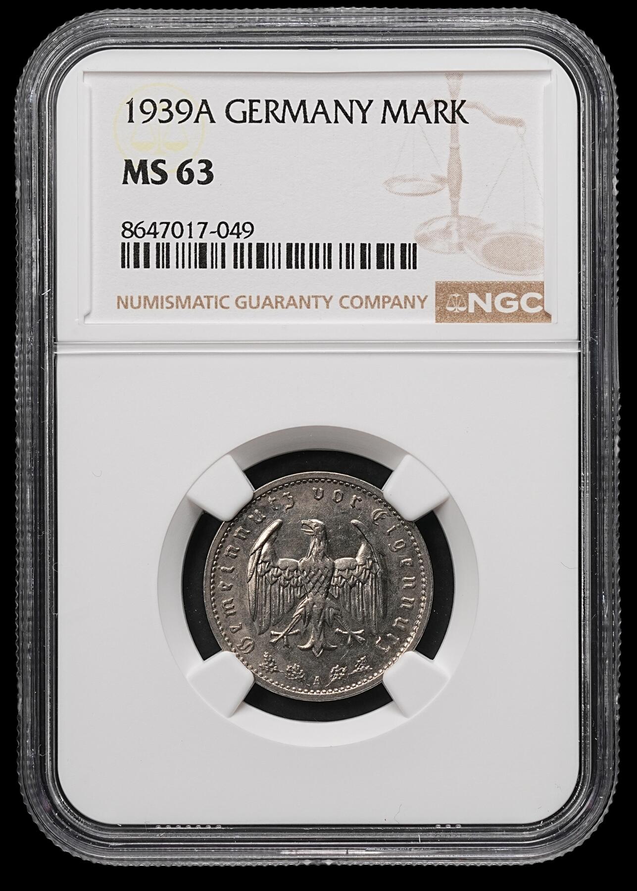 修遠堂世界钱币第107期 NGC MS63 1939年德国1马克，A厂铭