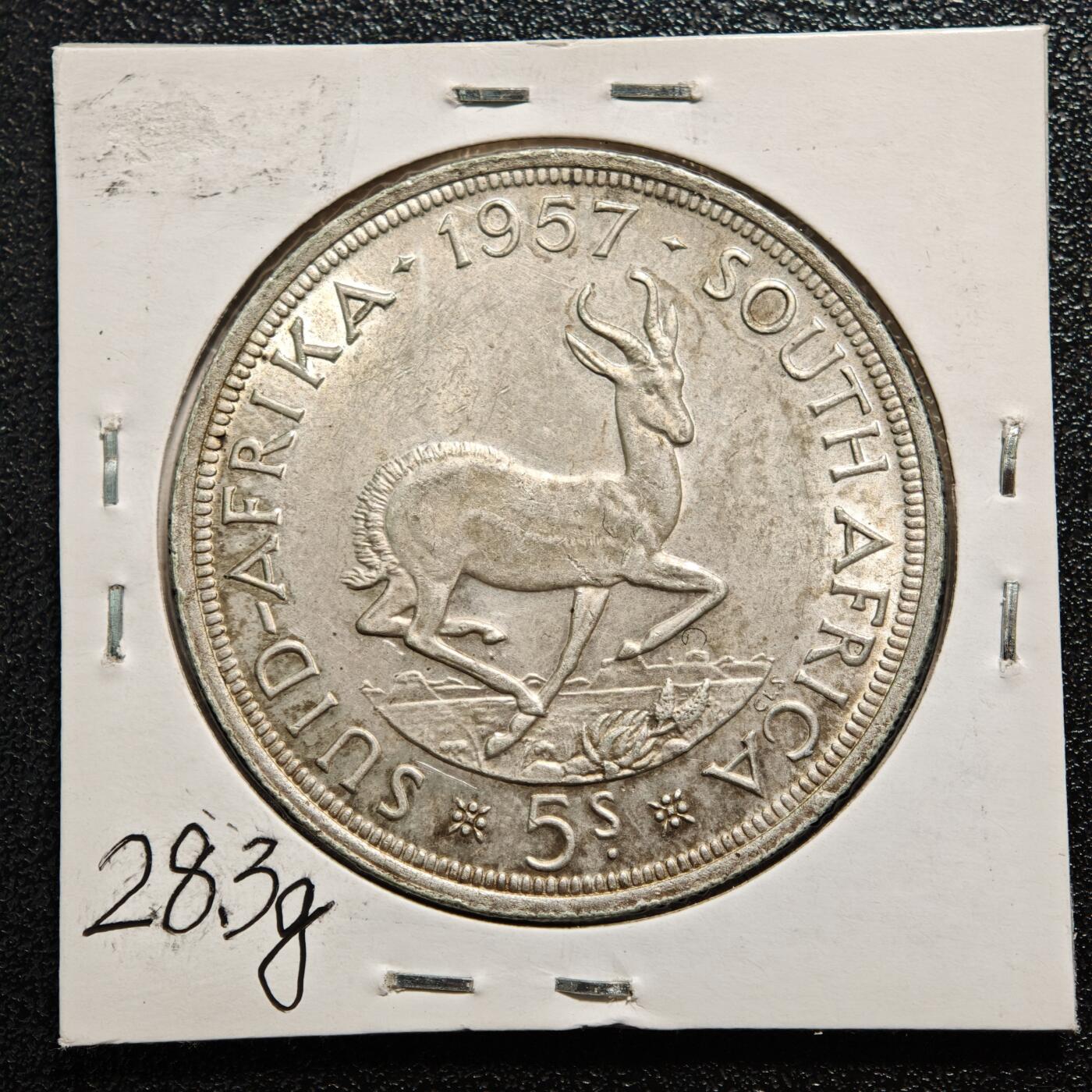 【德藏】世界币章拍卖第167期（拍品征集中~欢迎藏友联系） 老藏家集藏系列之- 1957年 南非5先令 重约：28.3g 入册20余年·附有当年购入价