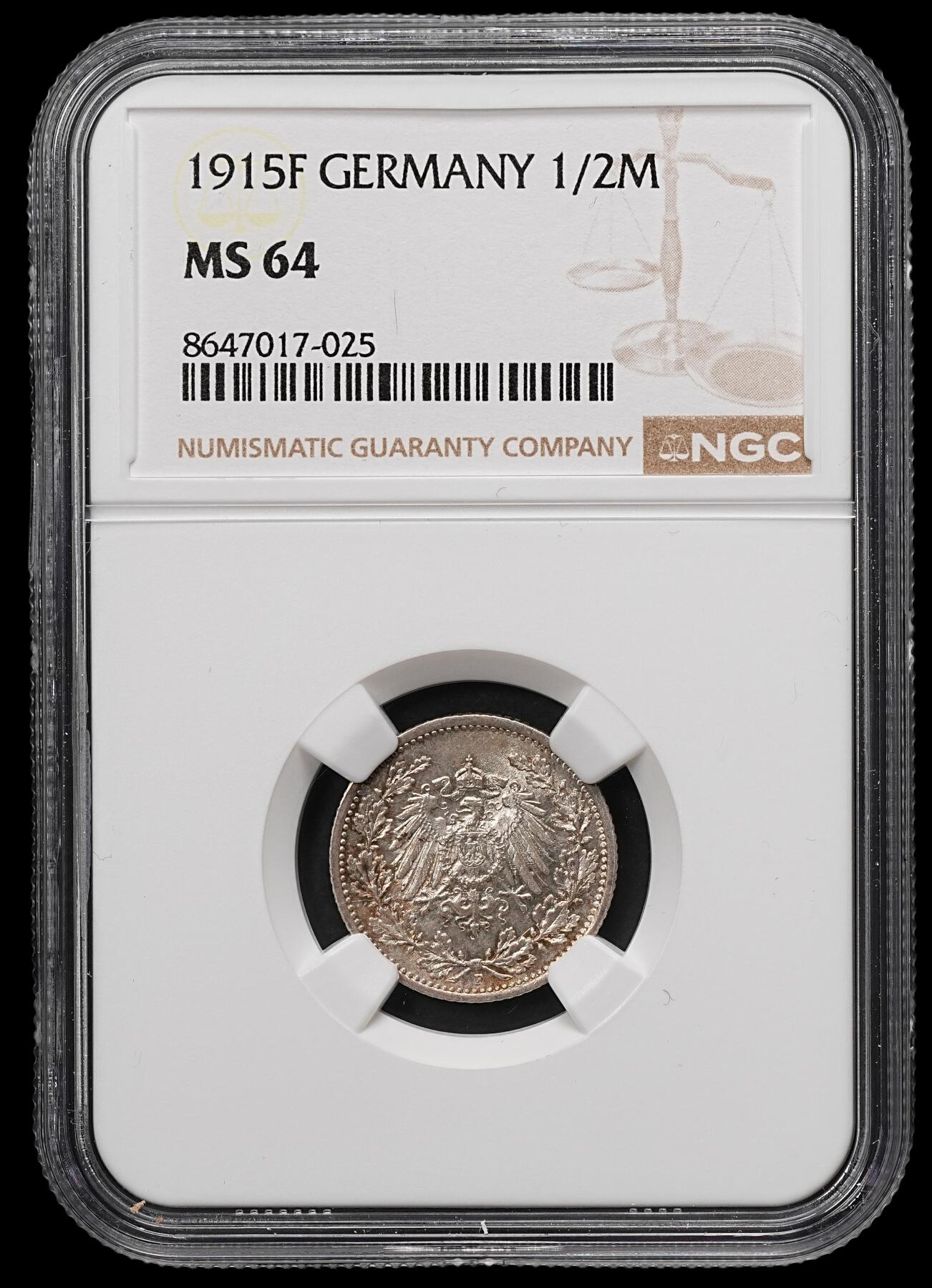 修遠堂世界钱币第107期 NGC MS64 1915年德国1/2马克银币，F厂铭