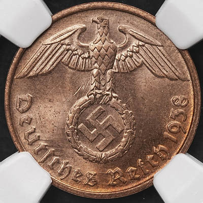 修遠堂世界钱币第107期 - NGC MS65RB 1939年德国2芬尼铜币 D厂铭