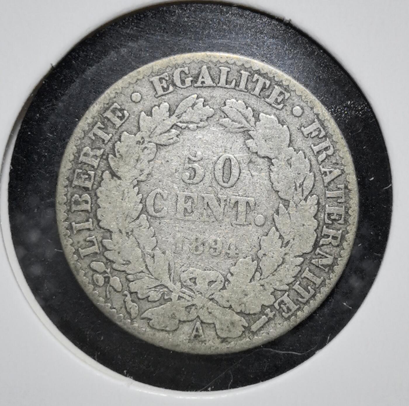 外国优质老铜币银币苏联纪念章，每周六晚九点倒数截拍，满百包邮可寄存，持续收拍 法兰西第三共和国1894年50生丁谷物女神银币，巴黎造币厂铸造。正面为刻有设计师 Oudiné 署名的谷物女神像，环书 “法兰西共和国”，背面刻 “自由・平等・博爱” 与面值，是普法战争后法国稳定货币体系的产物，1895 年后被播种者版取代。