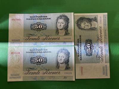 咖啡豆•收藏 2026年Mar_18th世界各国纸币拍卖 - 3枚 丹麦 1982&1993年 50克朗 全新UNC 外国纸币