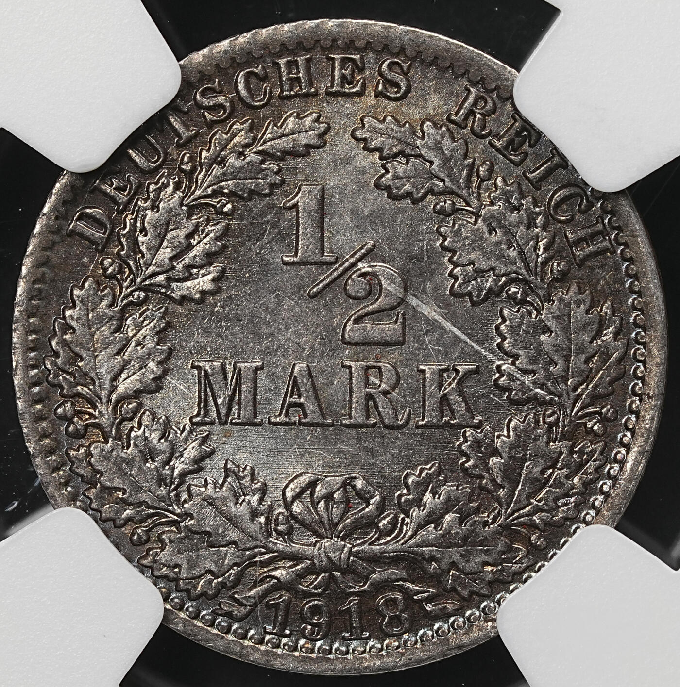 修遠堂世界钱币第107期 NGC MS64 1918年德国1/2马克银币 A厂铭 通体黑彩