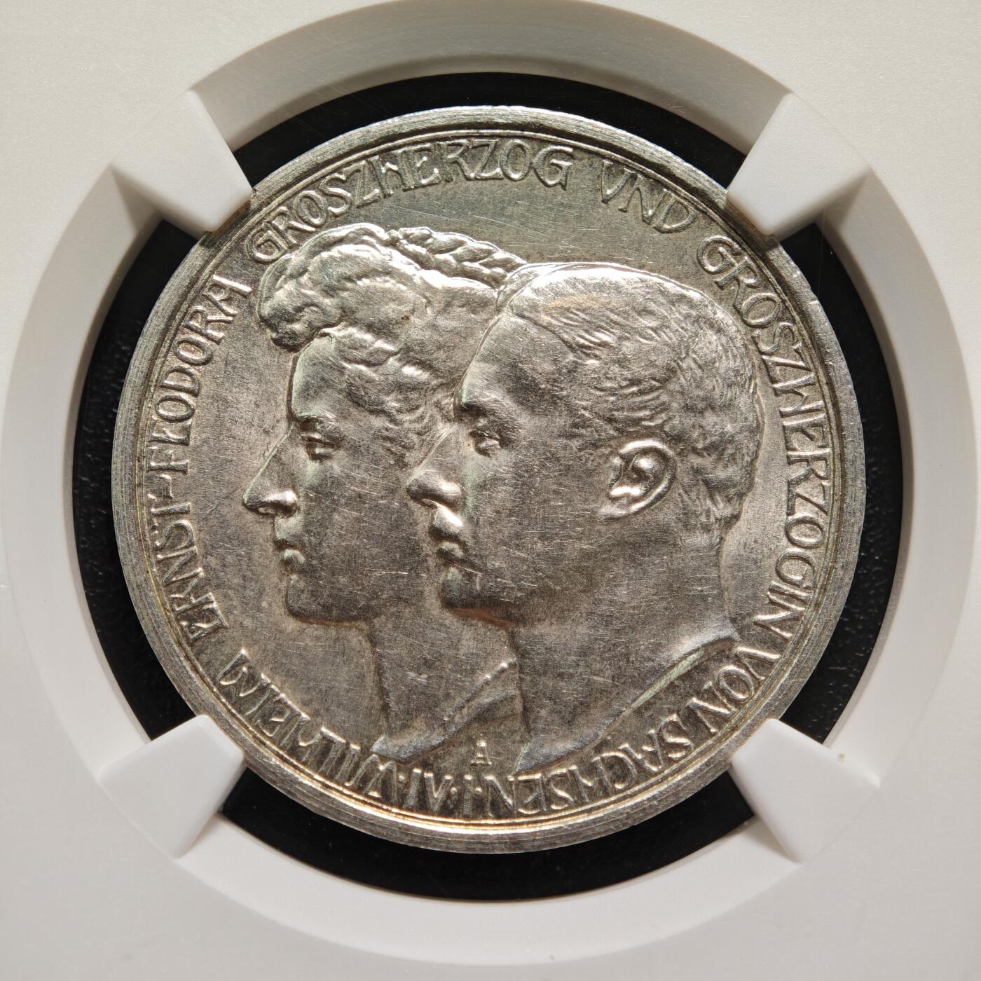 【德藏】世界币章拍卖第167期（拍品征集中~欢迎藏友联系） 1910年 德国萨克森魏玛艾森纳赫大公银婚3马克纪念银币 NGC UNC