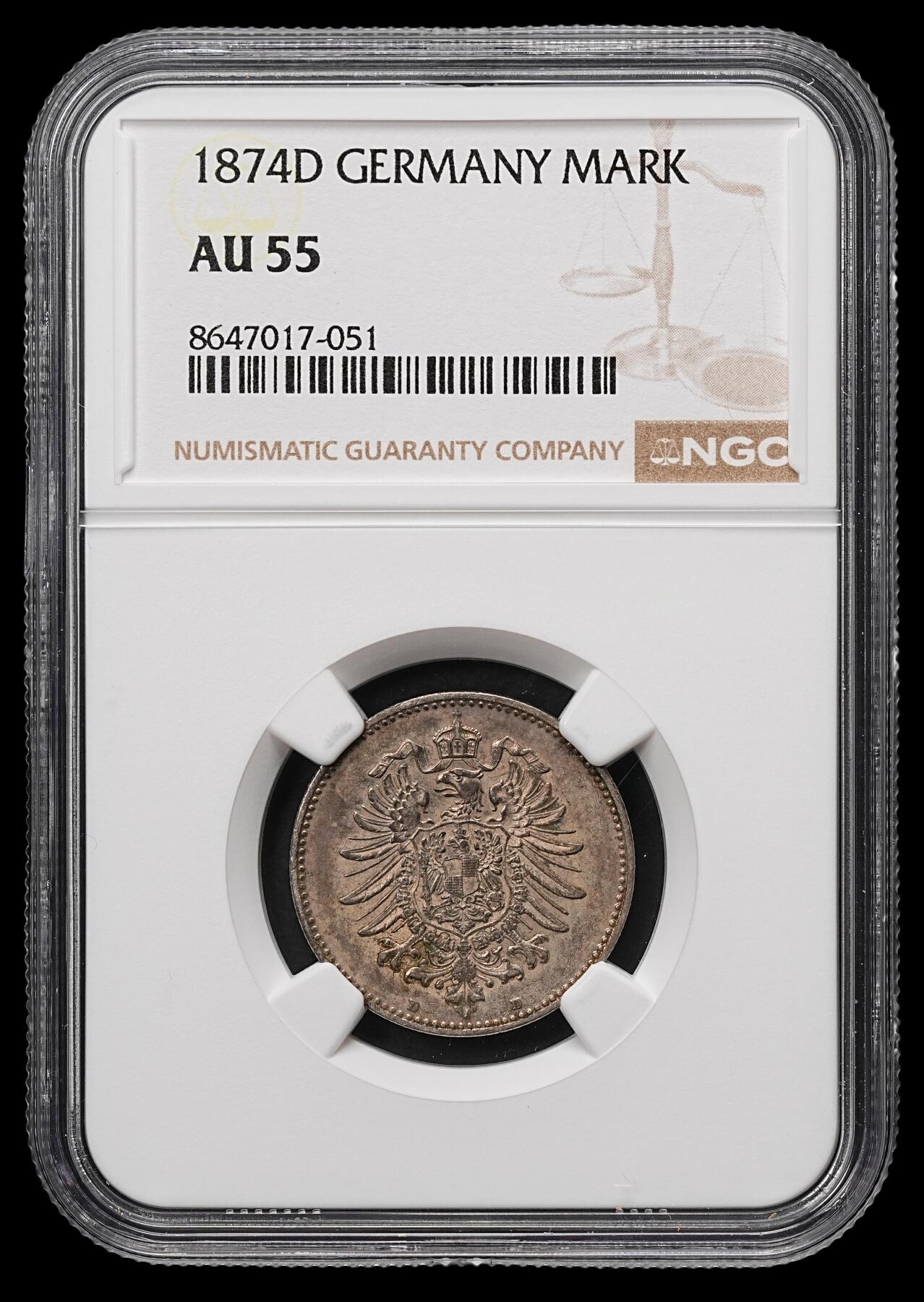 修遠堂世界钱币第107期 NGC AU55 1874年德国1马克银币，D厂铭