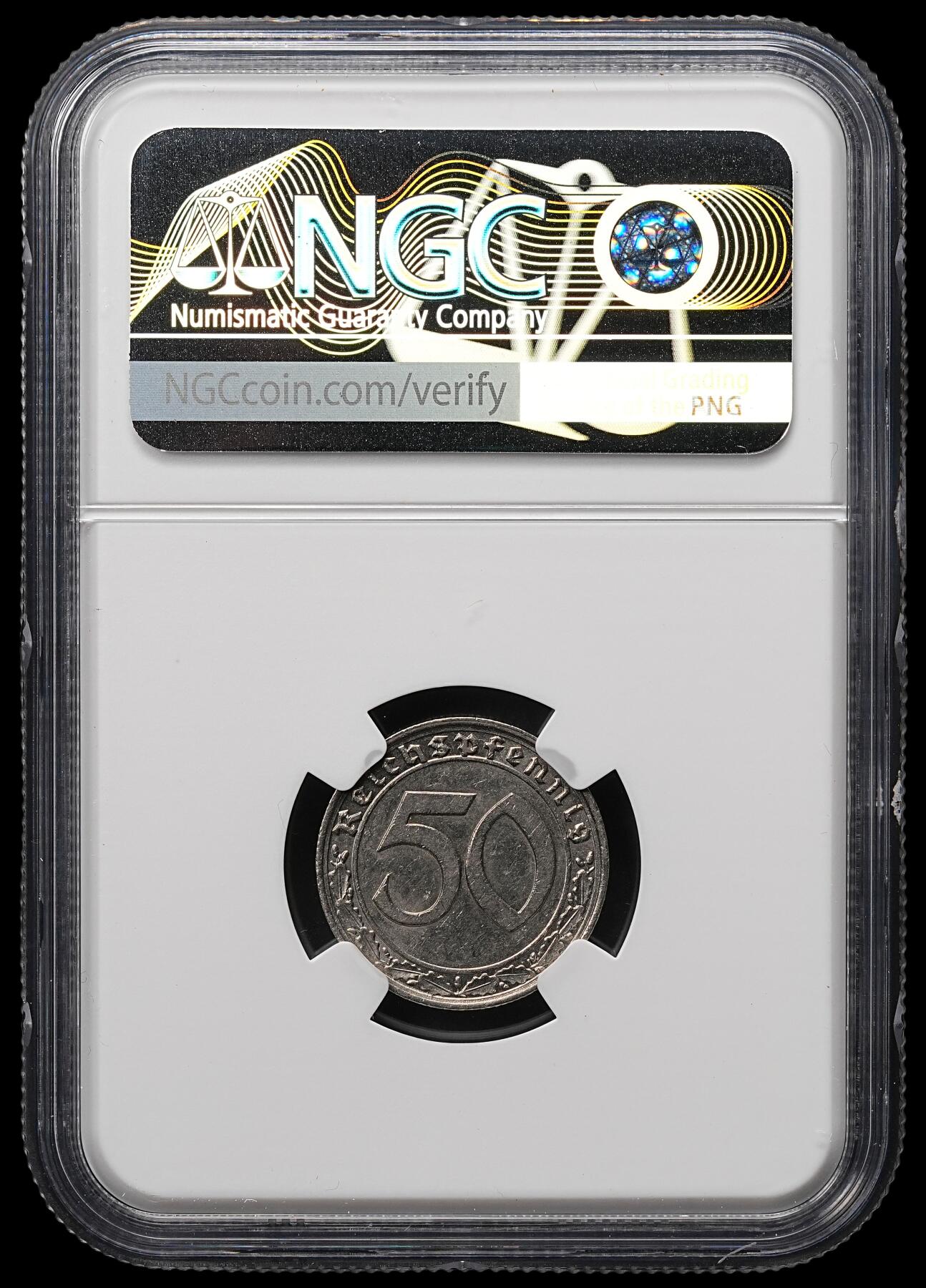 修遠堂世界钱币第107期 NGC MS62 1939年德国50芬尼，坦克币，A厂铭