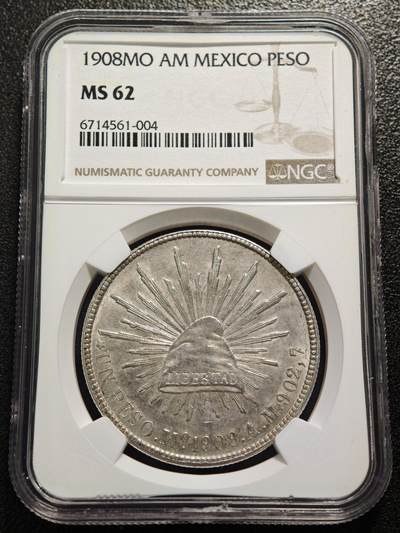 【德藏】世界币章拍卖第167期（拍品征集中~欢迎藏友联系） - 1908年 墨西哥鹰洋1比索银币 NGC MS62 状态极佳