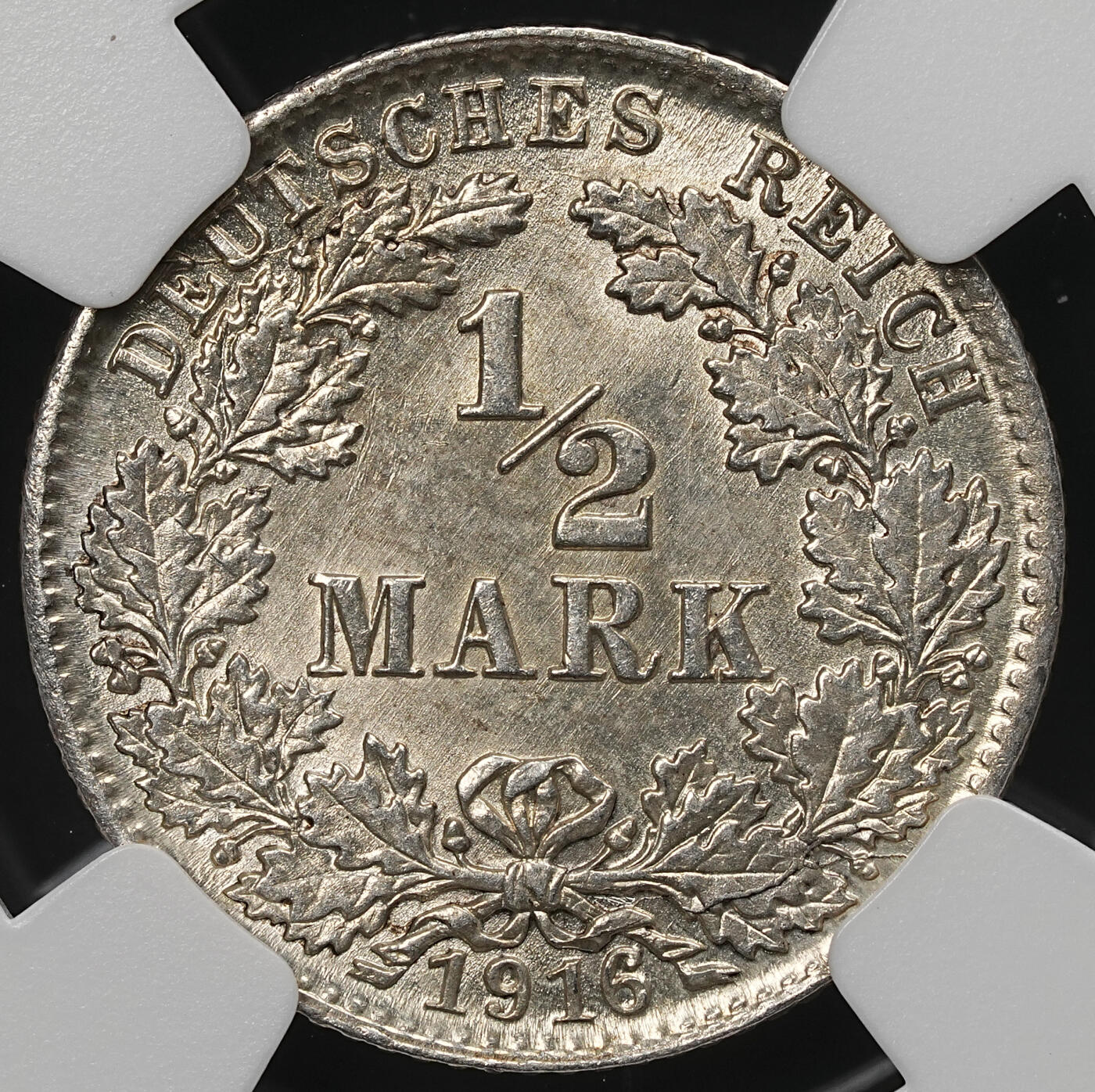 修遠堂世界钱币第107期 NGC MS64 1916年德国1/2马克银币 D厂铭