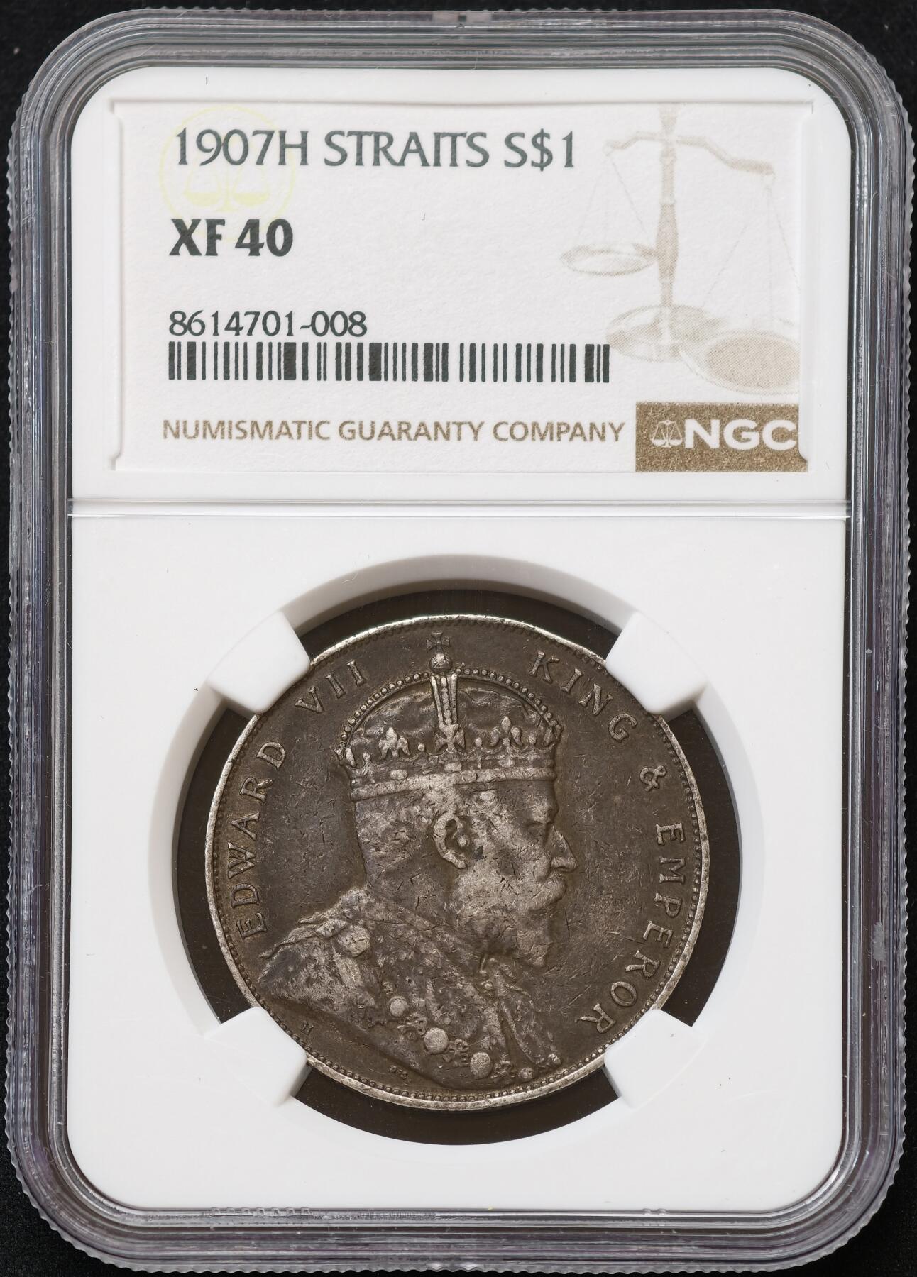 甄臻铺-世界币章拍卖（第54期），3月28日甄品场拍品征集中，送拍享返佣金等优惠多多 NGC-XF40 1907年海峡乔治五世壹圆