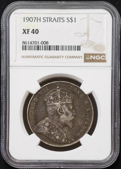 甄臻铺-世界币章拍卖（第54期），3月28日甄品场拍品征集中，送拍享返佣金等优惠多多 - NGC-XF40 1907年海峡乔治五世壹圆