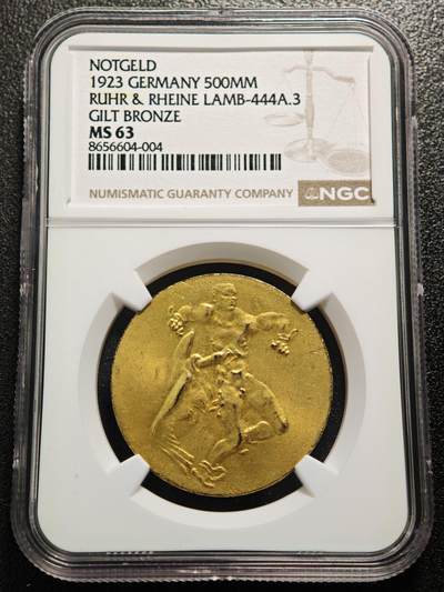 【德藏】世界币章拍卖第167期（拍品征集中~欢迎藏友联系） - 1923年 德国德紧时期鲁尔与莱茵地区5亿马克镀金铜币 名家卡尔歌茨作品 NGC MS63 原光十足