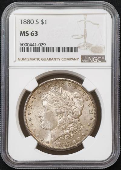 甄臻铺-世界币章拍卖（第54期），3月28日甄品场拍品征集中，送拍享返佣金等优惠多多 - NGC-MS63 1880年S版美国摩根，淡淡包浆