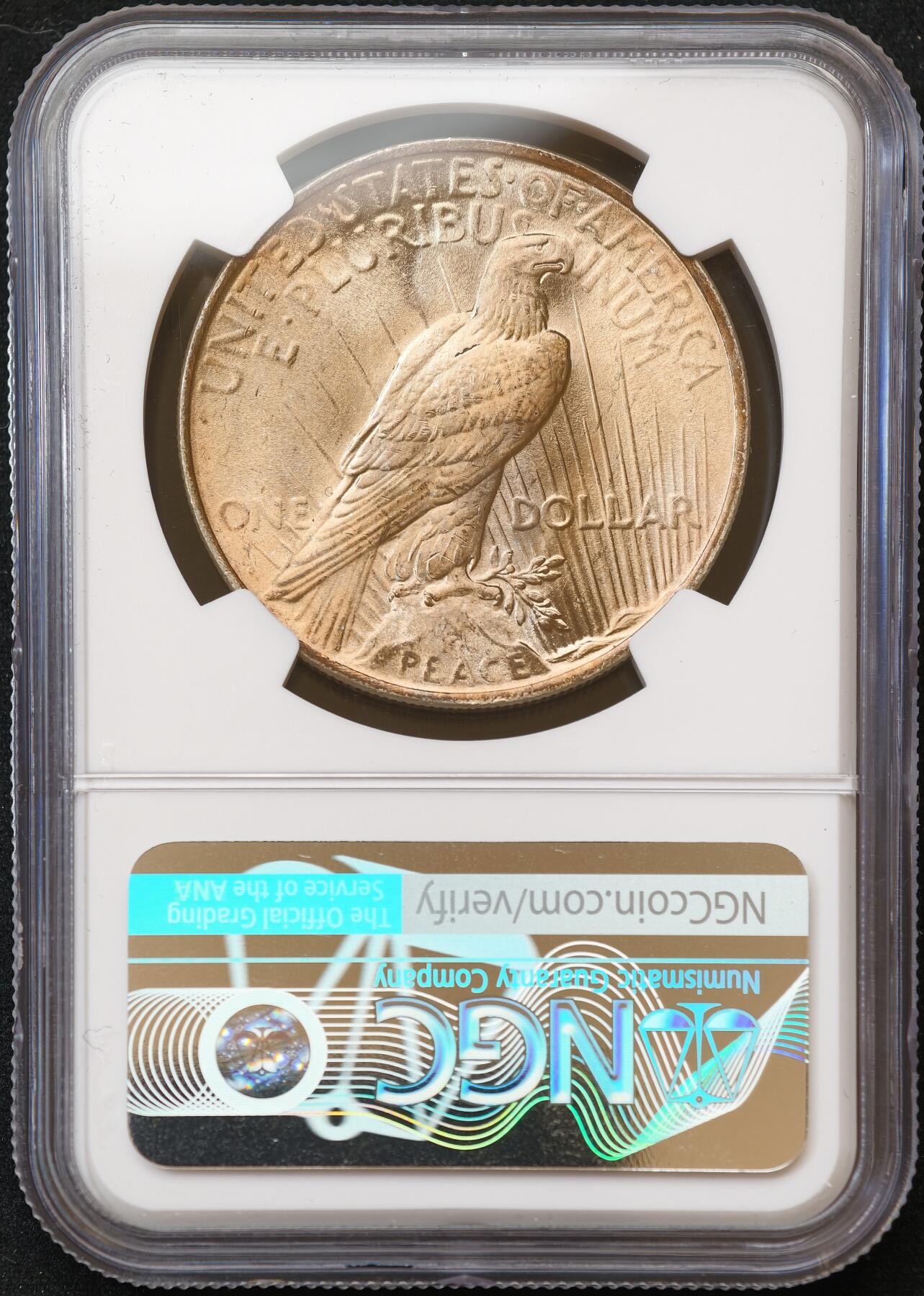 甄臻铺-世界币章拍卖（第54期），3月28日甄品场拍品征集中，送拍享返佣金等优惠多多 NGC-MS63 美国1923年和平1美元银币 暴力十字转光，带彩的不多，金黄美包浆，值得入手