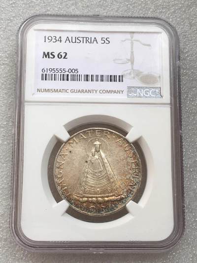 世界钱币专场拍卖 每周二开拍 - NGC MS62分1934年奥地利圣母抱婴5先令银币