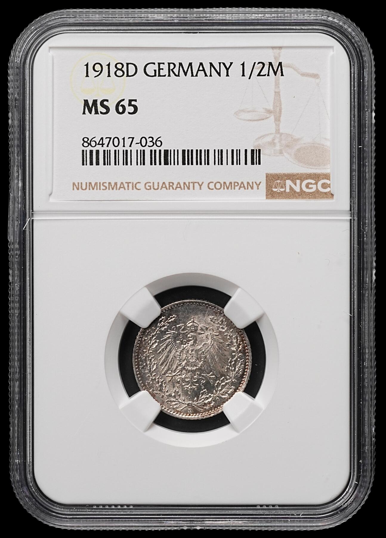 修遠堂世界钱币第107期 NGC MS65 1918年德国1/2马克银币 D厂铭