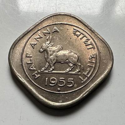 🌹外币初藏🌹🐯2026年第28场   每周二四六晚8️⃣点 接代拍 - 印度 1955年独立首版 瘤牛半安娜 1/2安娜 原光品