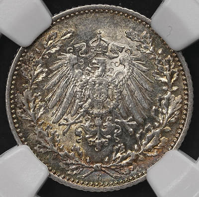 修遠堂世界钱币第107期 - NGC MS63 1909年德国1/2马克银币，E厂铭，稀少的年份厂铭