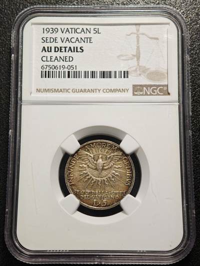 【德藏】世界币章拍卖第167期（拍品征集中~欢迎藏友联系） - 1939年 梵蒂冈5里拉银币 NGC AU
