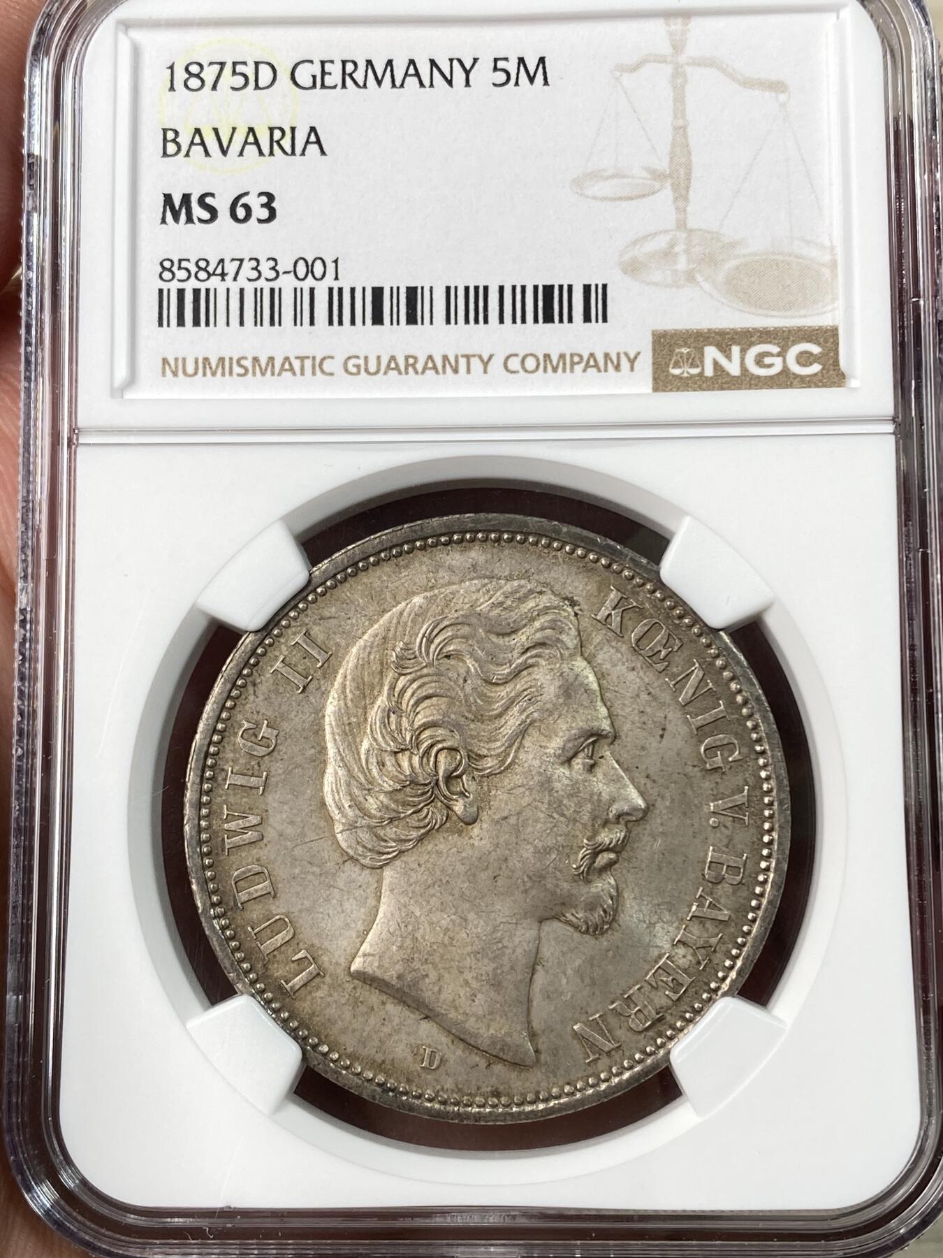 万国钱币拍卖第062期 NGC MS63 1875年德国巴伐利亚路德维希二世短翅流通5马克  著名的童话国王 因流通太过充分好品难得一见 原味淡五彩转光打制极其锋利 顶级收藏品质 外拍飞涨品种