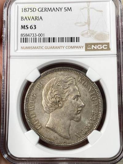 万国钱币拍卖第062期 - NGC MS63 1875年德国巴伐利亚路德维希二世短翅流通5马克  著名的童话国王 因流通太过充分好品难得一见 原味淡五彩转光打制极其锋利 顶级收藏品质 外拍飞涨品种