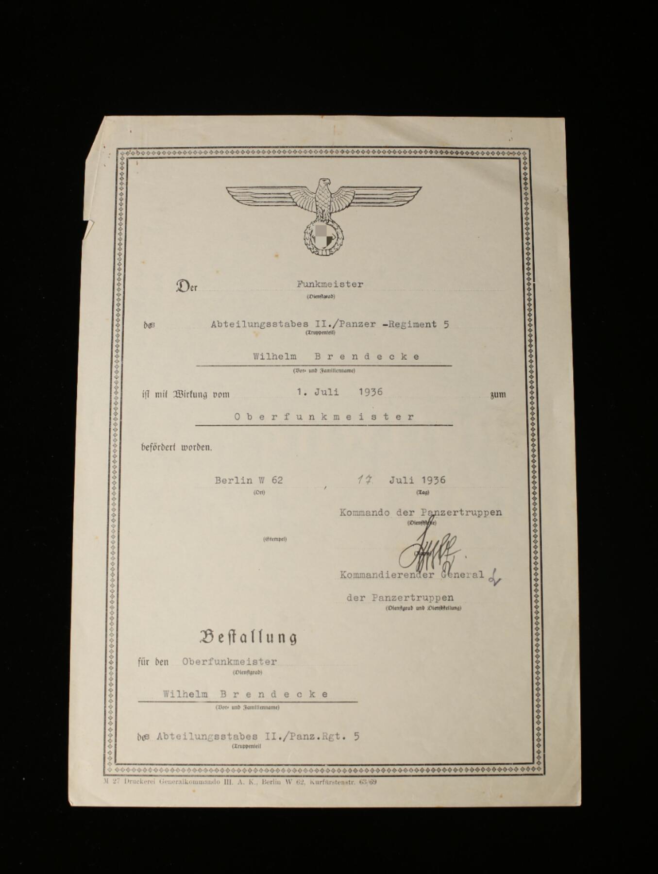 戎马世界章牌大赏第112期 德专场 威廉·布伦德克中尉 的高级无线电军士长晋级证书  由当时装甲兵部队的总指挥官 奥斯瓦尔德·卢茨上将亲笔签名