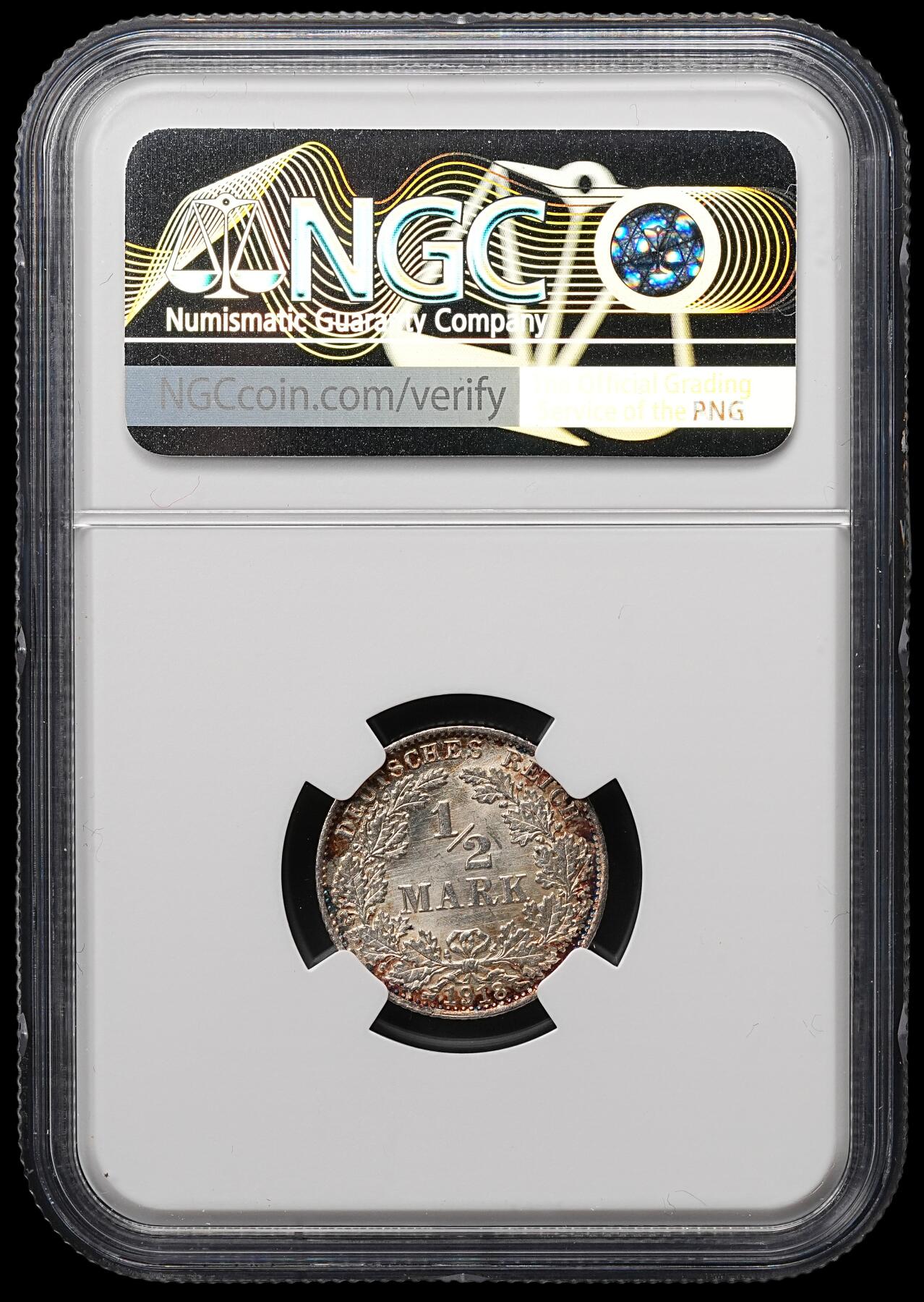 修遠堂世界钱币第107期 NGC MS65 1918年德国1/2马克银币 D厂铭