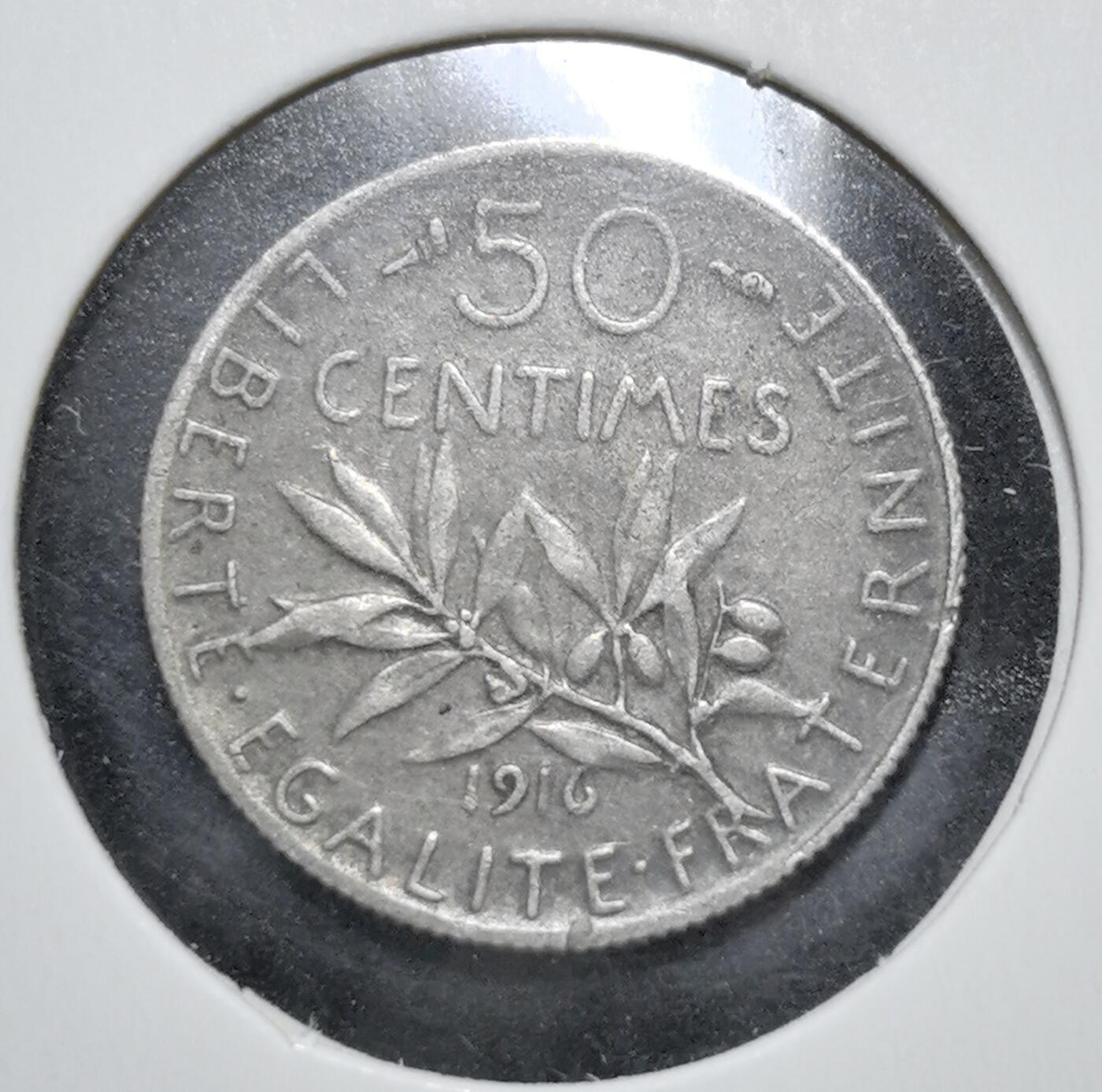 外国优质老铜币银币苏联纪念章，每周六晚九点倒数截拍，满百包邮可寄存，持续收拍 法兰西第三共和国1916年50 生丁播种者银币。正面为 Roty 设计的播种女神形象，象征共和精神；背面刻有 “自由、平等、博爱” 与橄榄枝，发行于一战期间，是法国近代流通银币的经典代表。