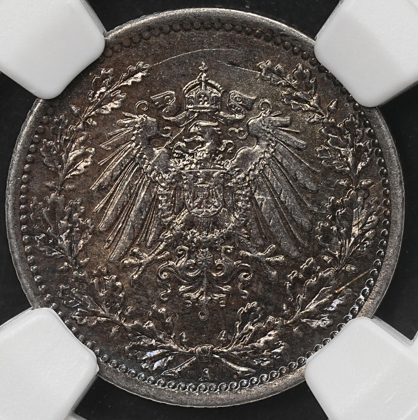 修遠堂世界钱币第107期 NGC MS64 1918年德国1/2马克银币 A厂铭 通体黑彩