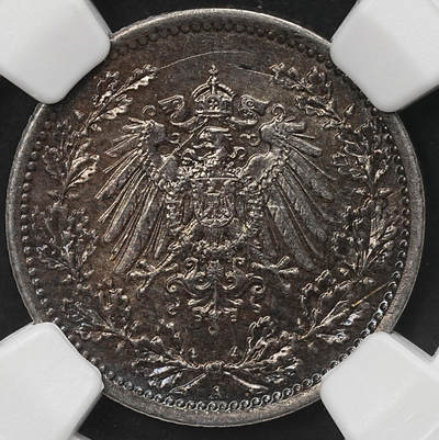修遠堂世界钱币第107期 - NGC MS64 1918年德国1/2马克银币 A厂铭 通体黑彩