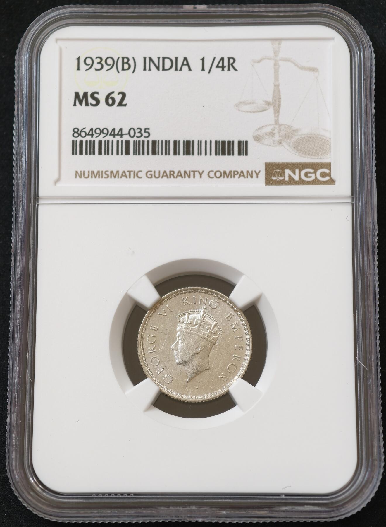 甄臻铺-世界币章拍卖（第54期），3月28日甄品场拍品征集中，送拍享返佣金等优惠多多 NGC-MS62 1939年印度1/4卢比