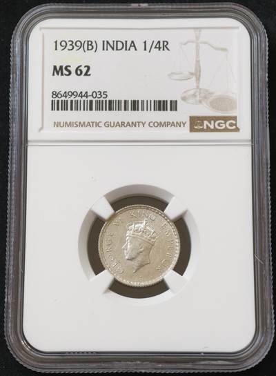 甄臻铺-世界币章拍卖（第54期），3月28日甄品场拍品征集中，送拍享返佣金等优惠多多 - NGC-MS62 1939年印度1/4卢比