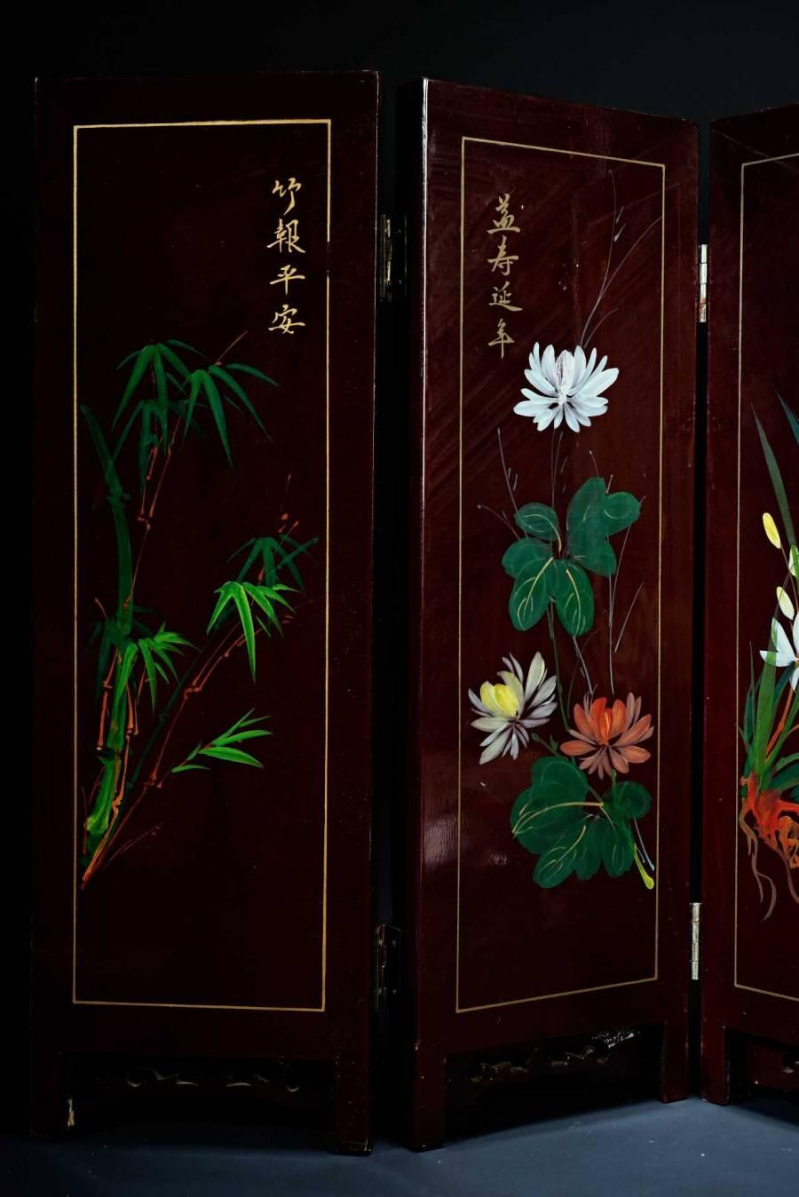 上海都达杂项专场五十二【全场包邮】 金地嵌碧玉、岫玉等多种玉石宝石四折台屏