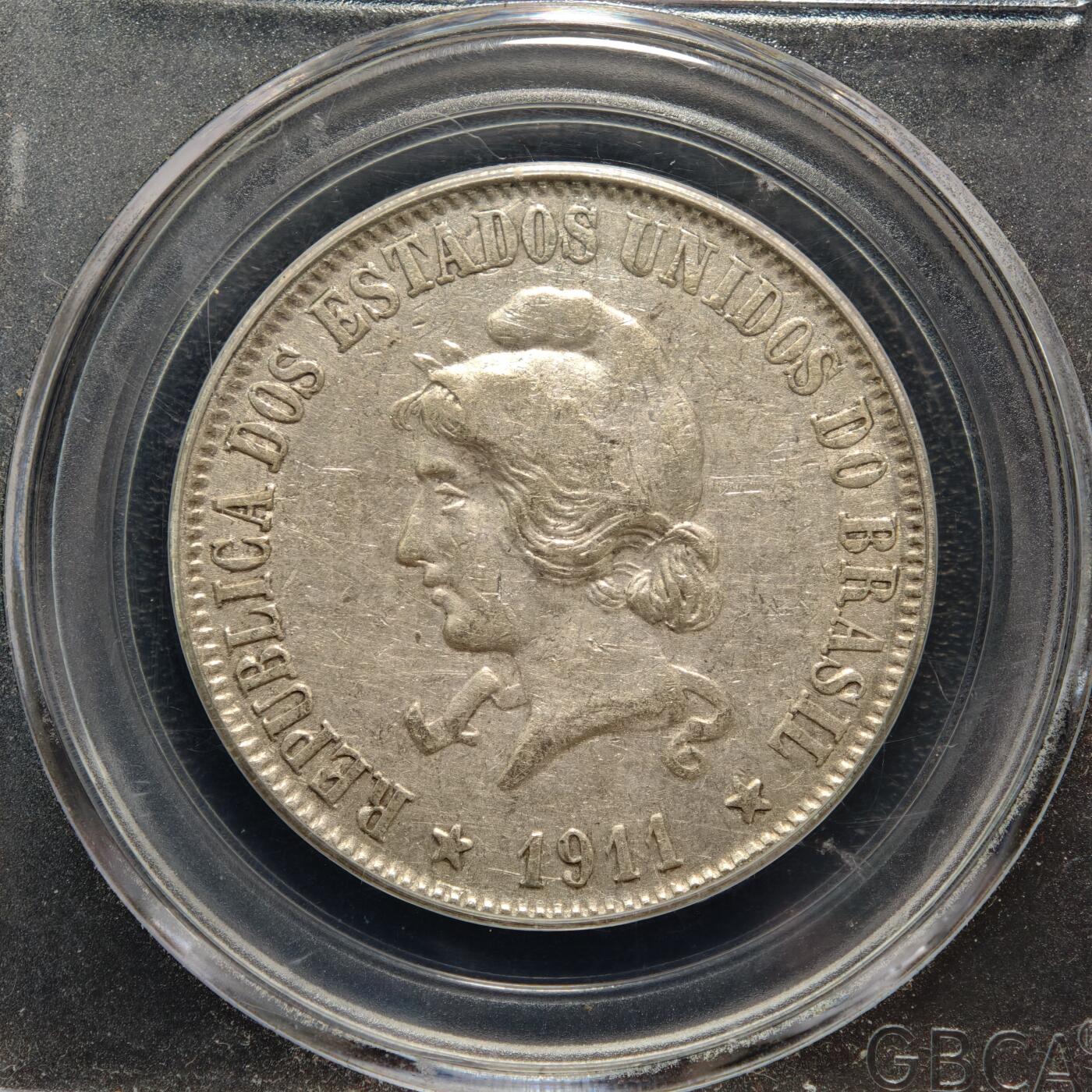 【德藏】世界币章拍卖第167期（拍品征集中~欢迎藏友联系） 1911年 巴西2000瑞斯自由女神头像银币 公博 AU50