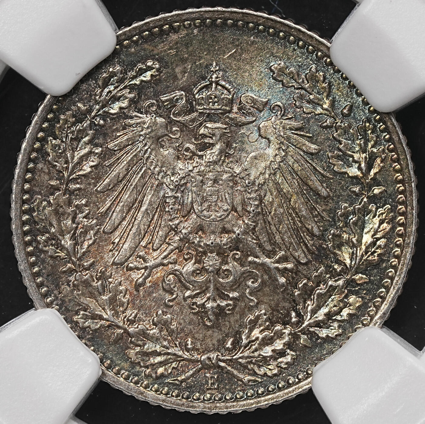 修遠堂世界钱币第107期 NGC MS64 1915年德国1/2马克银币，E厂铭