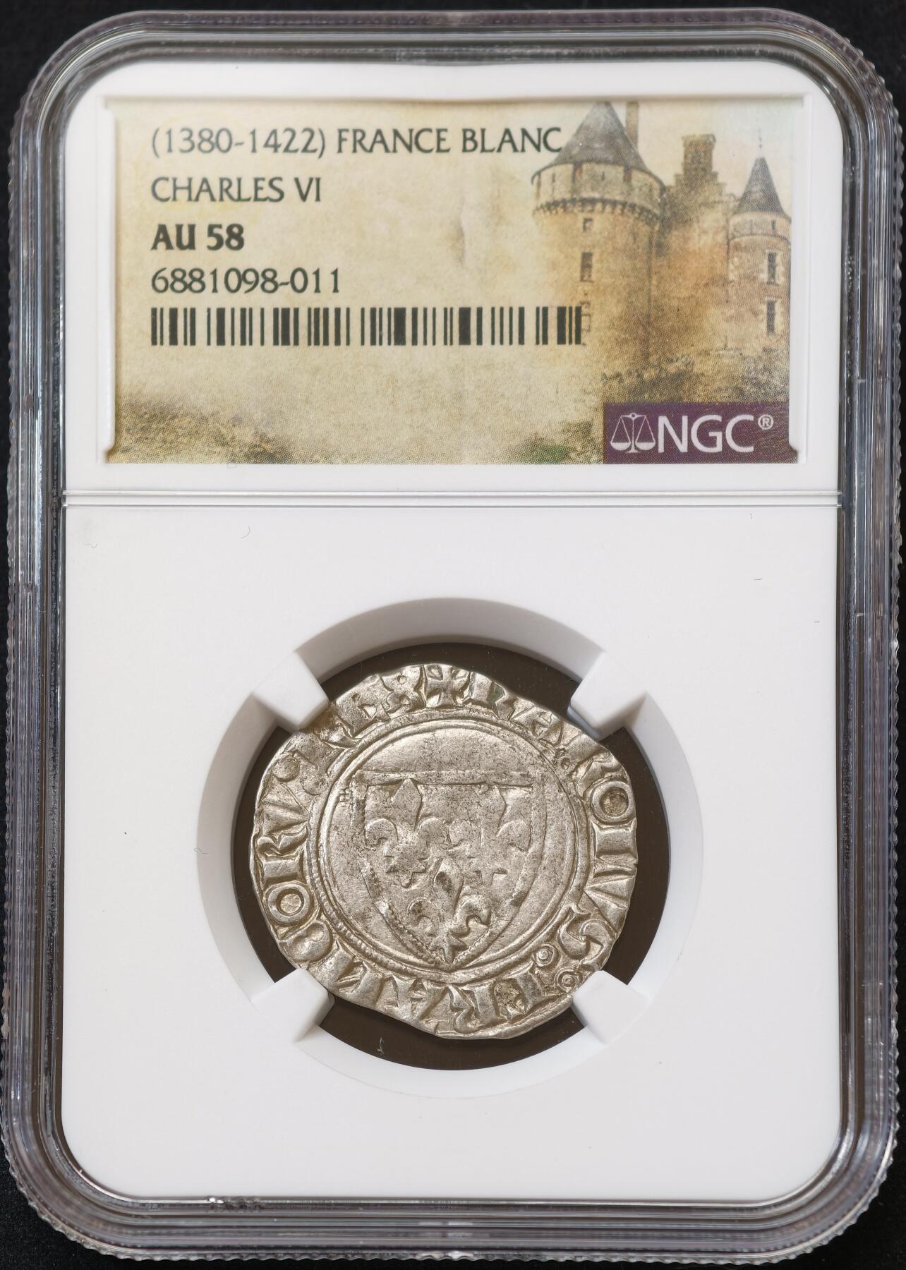 甄臻铺-世界币章拍卖（第54期），3月28日甄品场拍品征集中，送拍享返佣金等优惠多多 NGC-AU58 中世纪英法百年战争期间，法国查理六世打制银币，NGC中世纪特殊标签，疯王查理，打制币能有此状态非常不易，之前同分数拍出了近3000元的价格