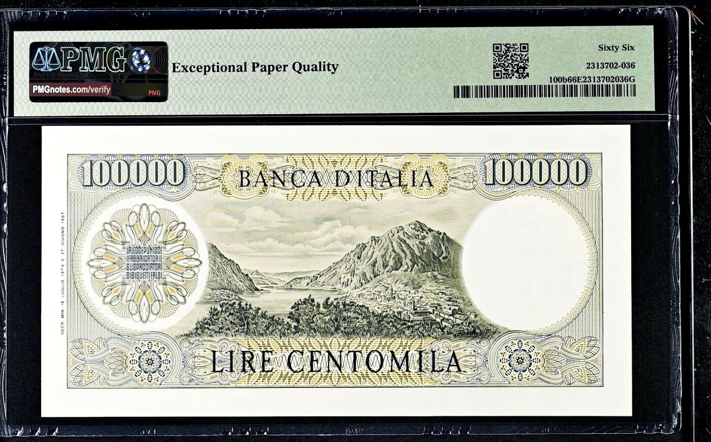 【Blue Auction】世界纸币精拍第794期——18级TOP拍卖/信誉/品质/专业/高效💫   【b版 无47】意大利 1970年10万里拉 顶级人物雕刻曼左尼 PMG66EPQ 背面科莫、科莫湖和博莱托山风景唯美