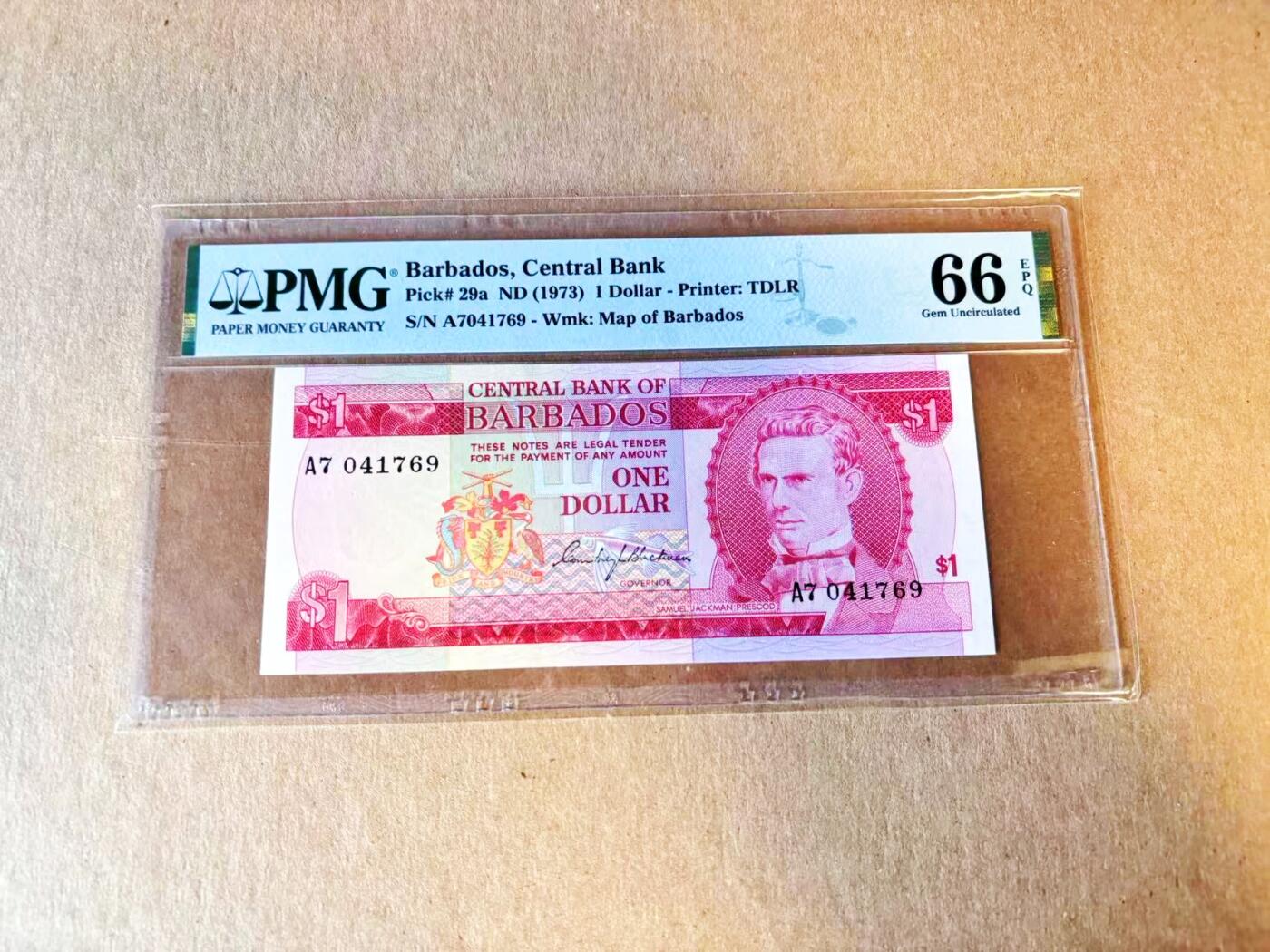 【Blue Auction】世界纸币精拍第794期——18级TOP拍卖/信誉/品质/专业/高效💫 巴巴多斯 1973年1元 PMG66EPQ 