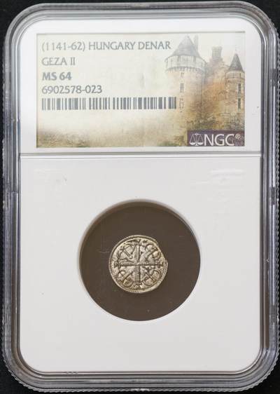 甄臻铺-世界币章拍卖（第54期），3月28日甄品场拍品征集中，送拍享返佣金等优惠多多 - NGC-MS64 中世纪匈牙利盖扎二世打制银币，冠军分，中世纪特殊标签，边缘缺打为打制币正常现象，中心图案保存完整且非常清晰，近千年依然保存原光，此品种非常少见，NGC官网将中世纪匈牙利同一国王不同版本都放在同一类别中，实际此版别数量比评级总数（135枚）要少得多