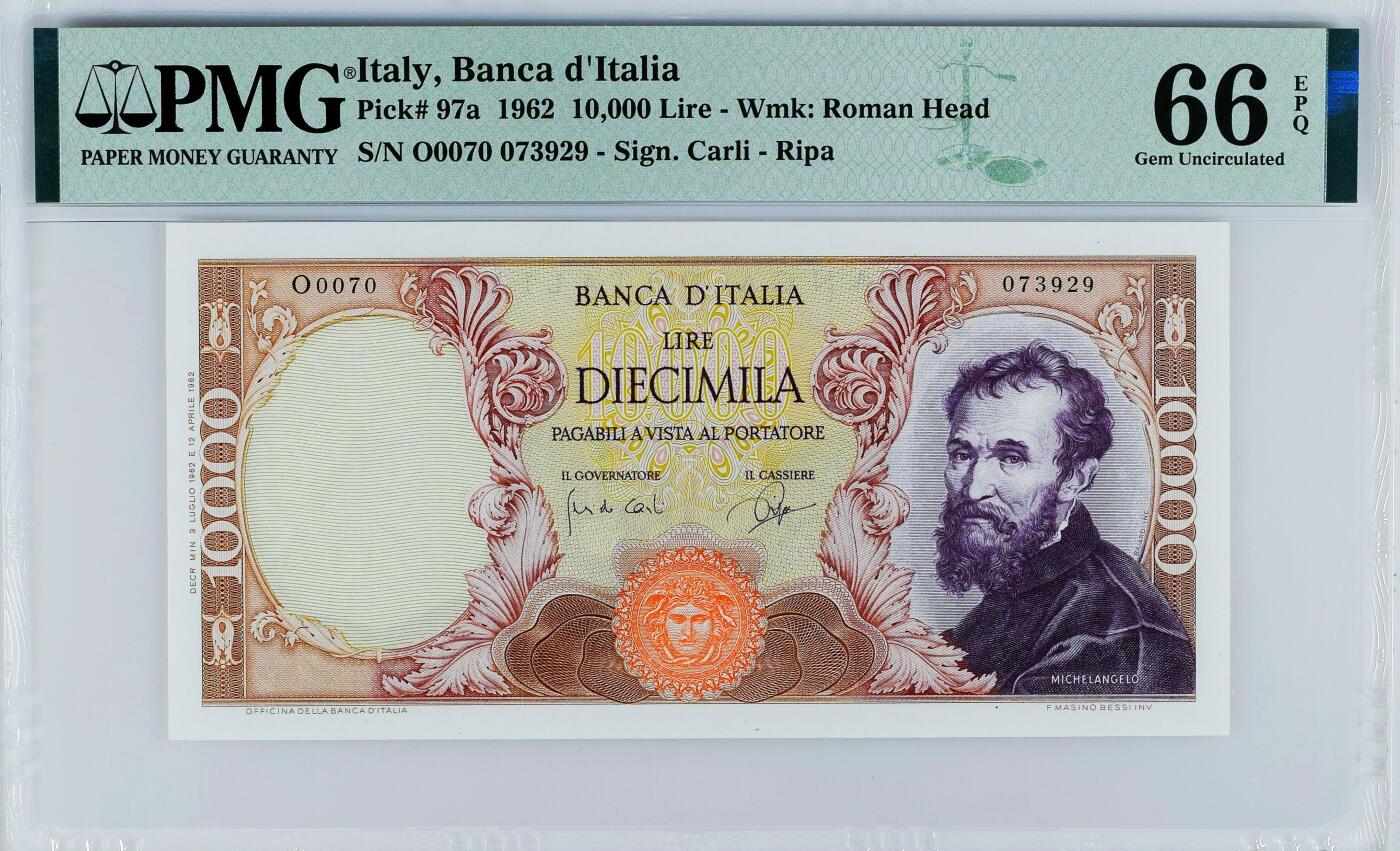 【Blue Auction】世界纸币精拍第794期——18级TOP拍卖/信誉/品质/专业/高效💫 【a版】意大利 1962年10000里拉 米开朗基罗 PMG66EPQ 