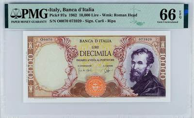 【Blue Auction】世界纸币精拍第794期——18级TOP拍卖/信誉/品质/专业/高效💫 - 【a版】意大利 1962年10000里拉 米开朗基罗 PMG66EPQ 