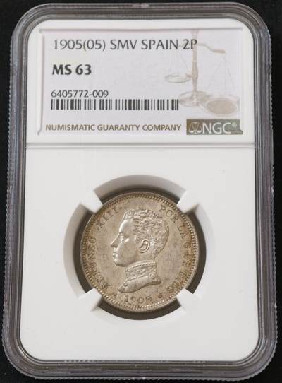 甄臻铺-世界币章拍卖（第54期），3月28日甄品场拍品征集中，送拍享返佣金等优惠多多 - NGC MS63 1905年西班牙阿方索十三世军装双柱2 比塞塔