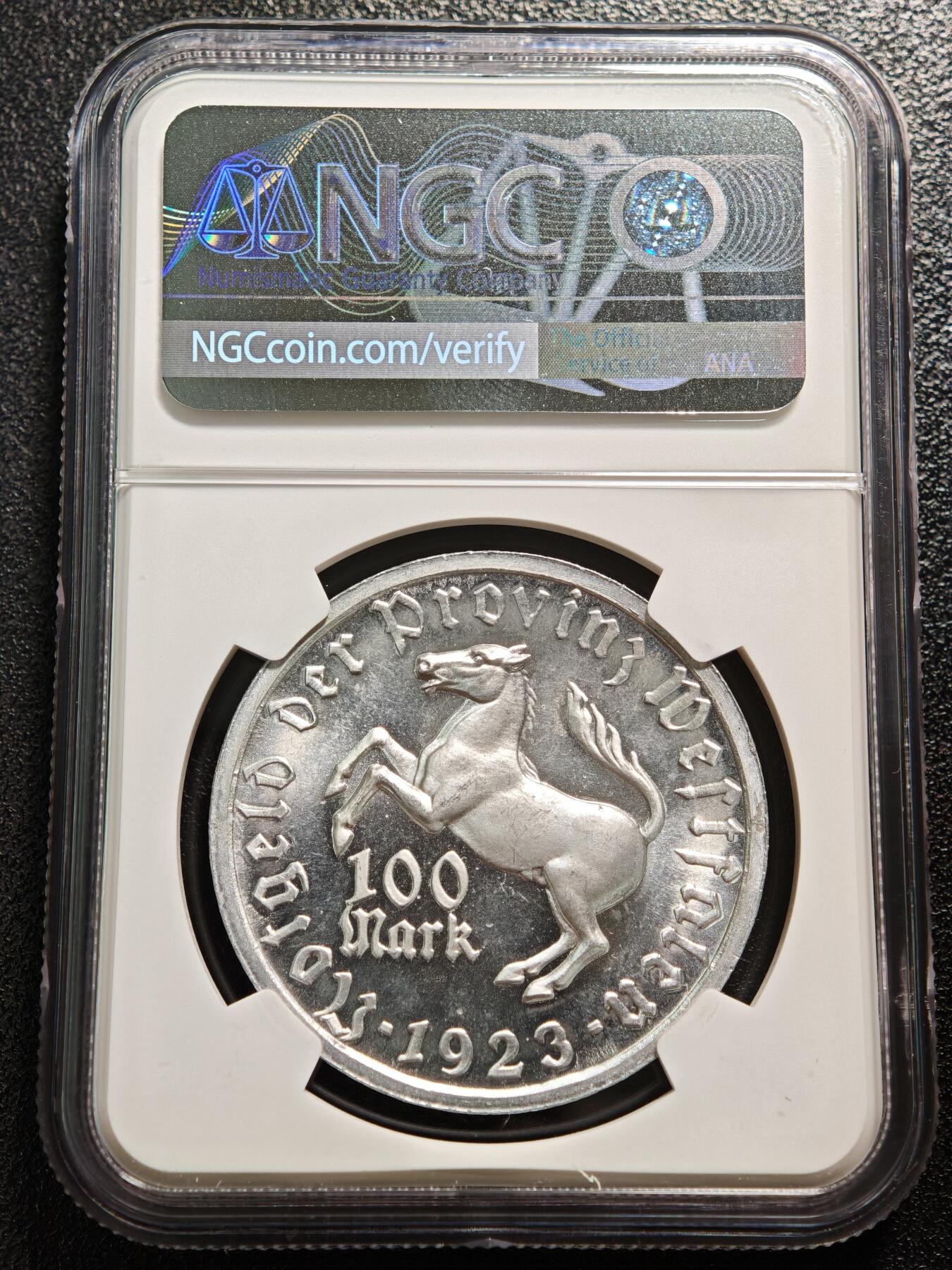 【德藏】世界币章拍卖第167期（拍品征集中~欢迎藏友联系） 1923年 德国德紧威斯特法伦女诗人像100马克马币铝币 NGC MS64 女诗人像最大面值